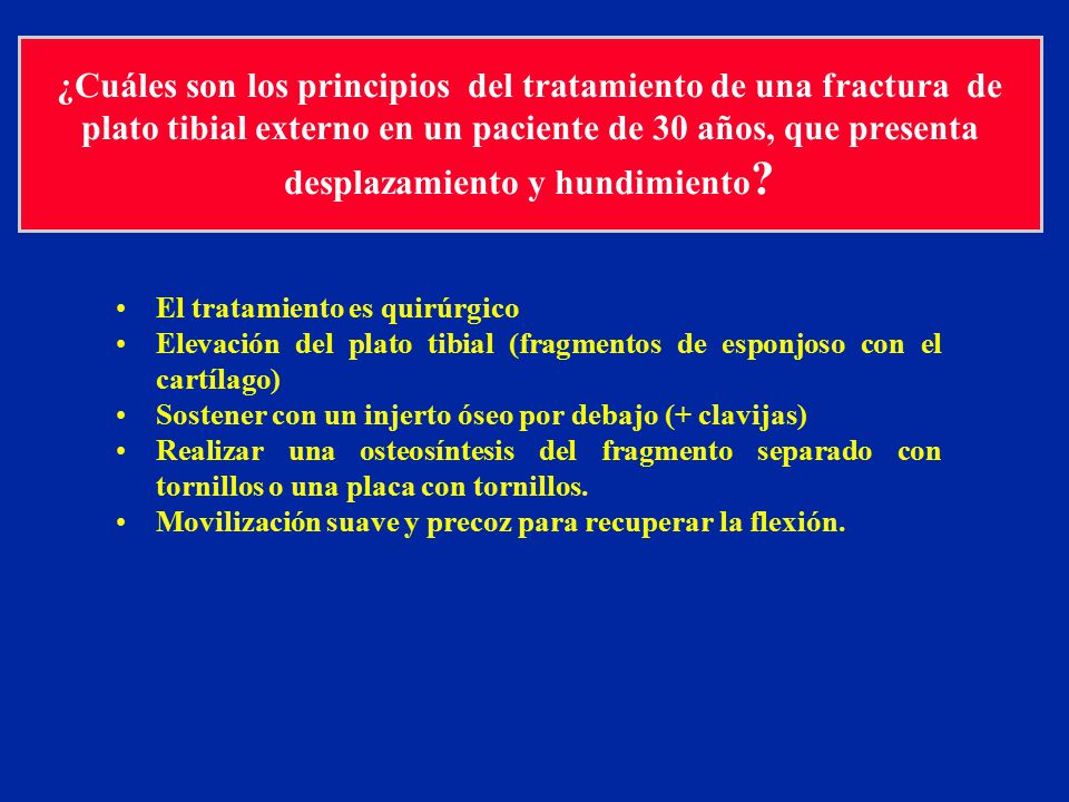 ¿Cuáles son los principios del tratamiento de una fractura de plato tibial externo en un paciente de 30 años, que presenta desplazamiento y hundimiento