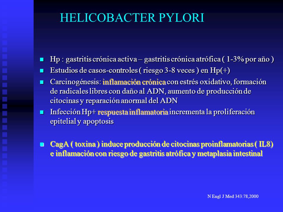 HELICOBACTER PYLORI Hp : gastritis crónica activa – gastritis crónica atrófica ( 1-3% por año )
