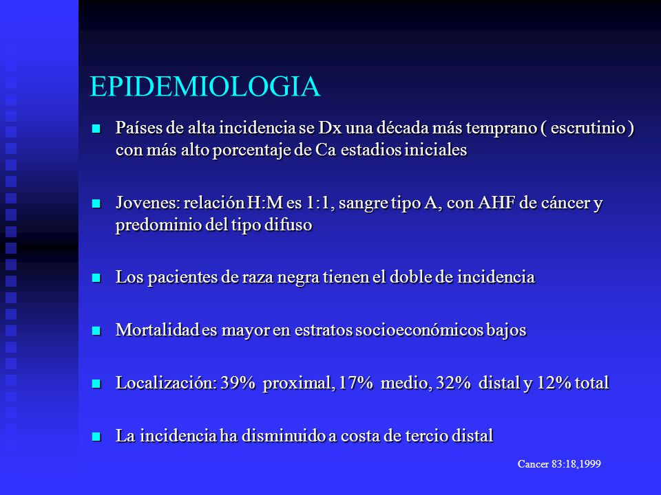 EPIDEMIOLOGIA Países de alta incidencia se Dx una década más temprano ( escrutinio ) con más alto porcentaje de Ca estadios iniciales.