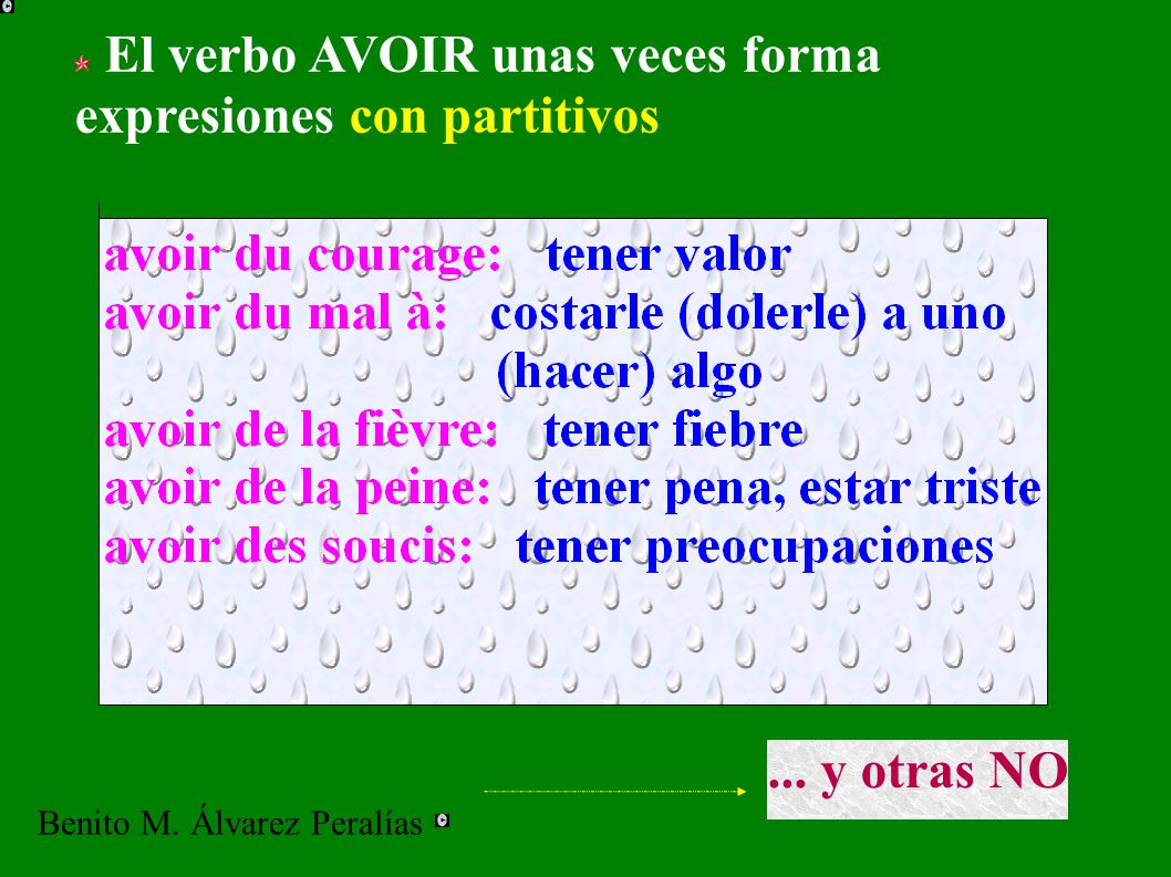 El verbo AVOIR unas veces forma expresiones con partitivos