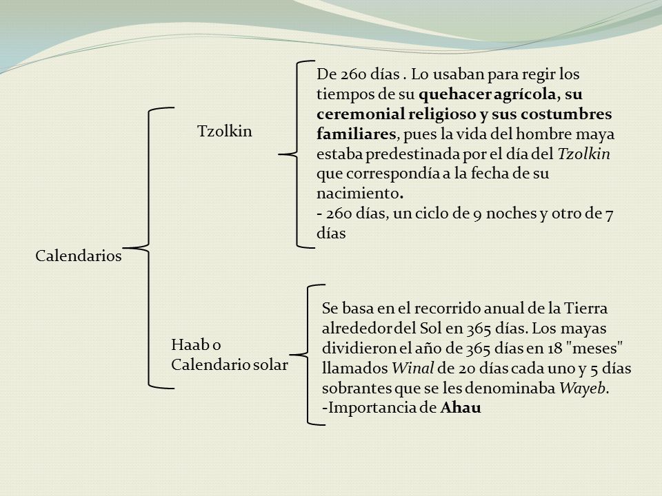 De 260 días . Lo usaban para regir los tiempos de su quehacer agrícola, su ceremonial religioso y sus costumbres familiares, pues la vida del hombre maya estaba predestinada por el día del Tzolkin que correspondía a la fecha de su nacimiento.