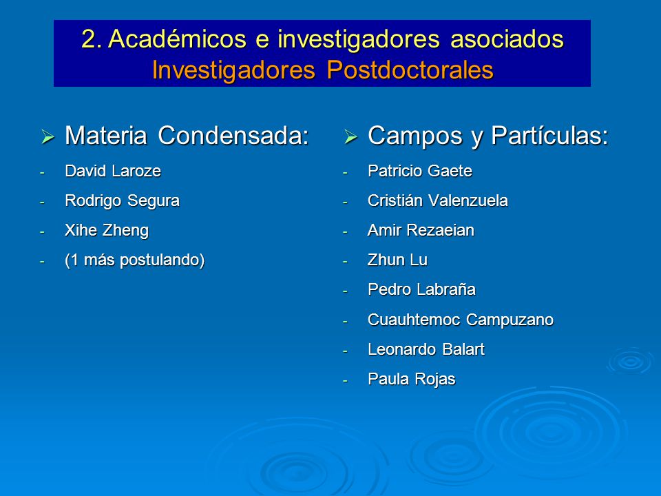2. Académicos e investigadores asociados Investigadores Postdoctorales