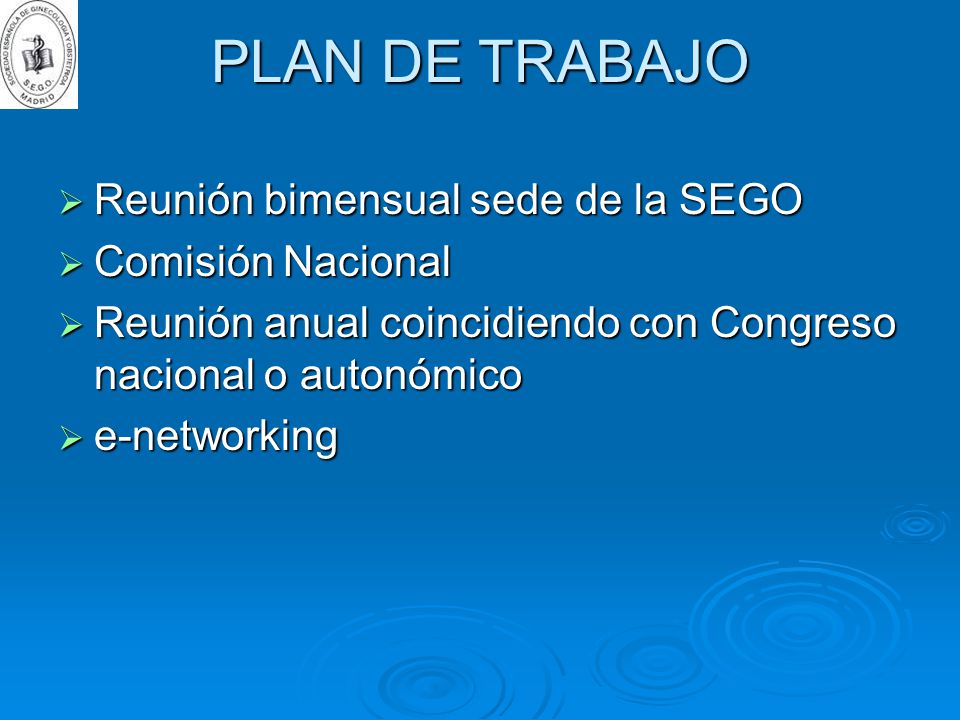 PLAN DE TRABAJO Reunión bimensual sede de la SEGO Comisión Nacional