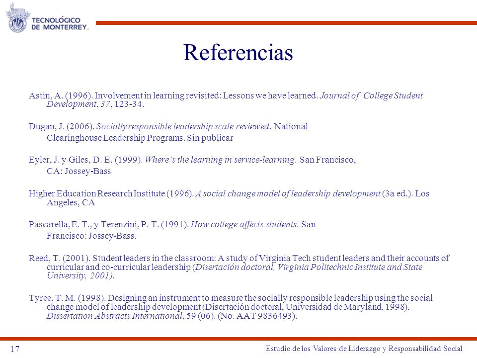 Referencias Astin, A. (1996). Involvement in learning revisited: Lessons we have learned. Journal of College Student Development, 37,