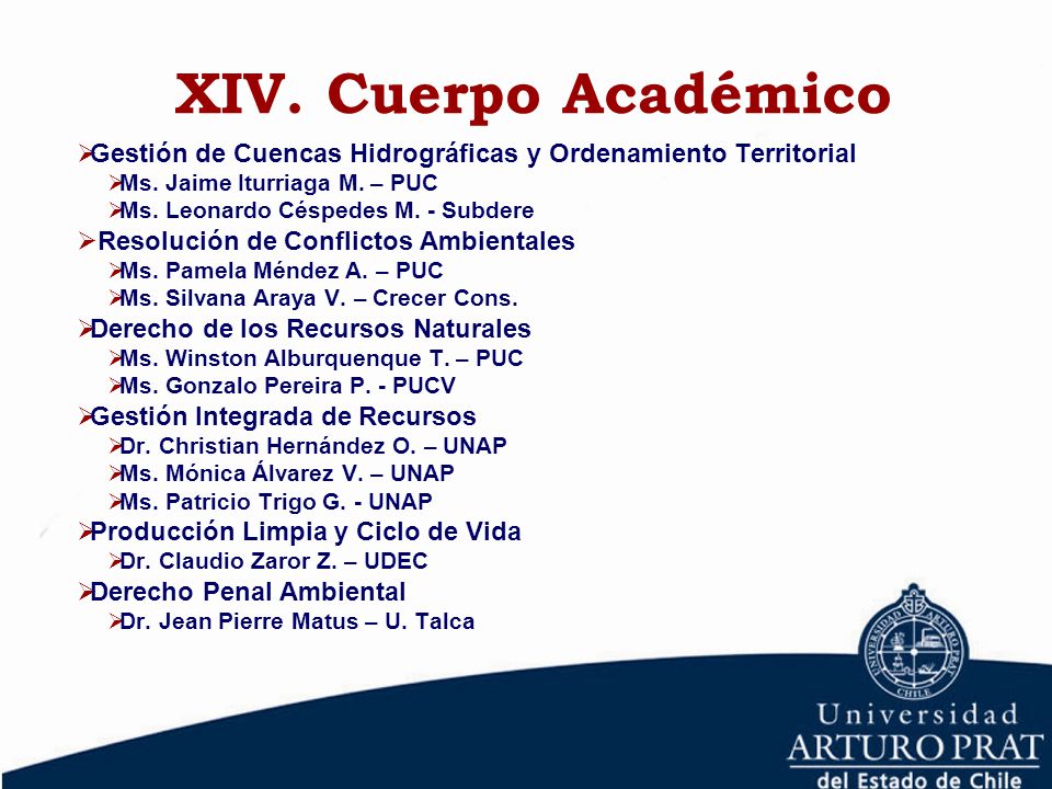 XIV. Cuerpo Académico Gestión de Cuencas Hidrográficas y Ordenamiento Territorial. Ms. Jaime Iturriaga M. – PUC.