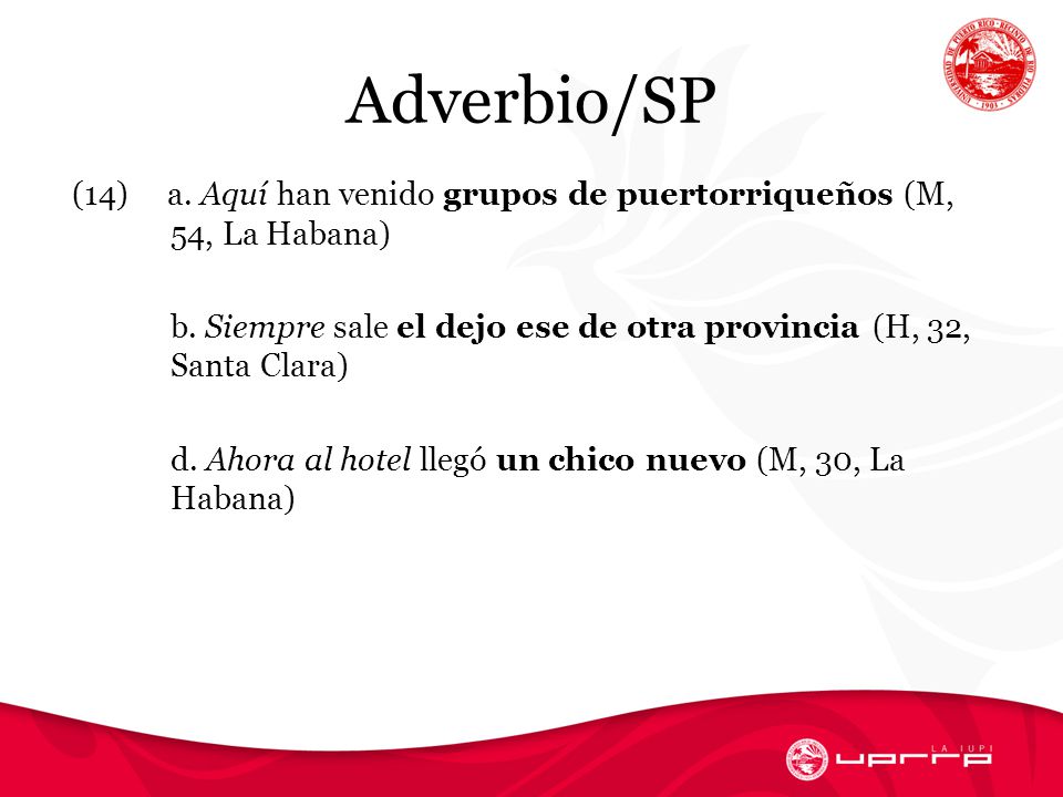 Adverbio/SP (14) a. Aquí han venido grupos de puertorriqueños (M, 54, La Habana)