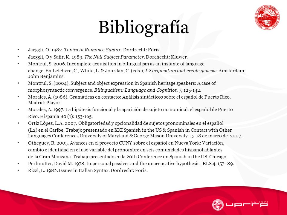 Bibliografía Jaeggli, O Topics in Romance Syntax. Dordrecht: Foris.