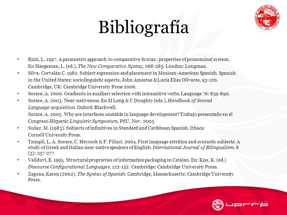 Bibliografía Rizzi, L A parametric approach to comparative Syntax : properties of pronominal system.