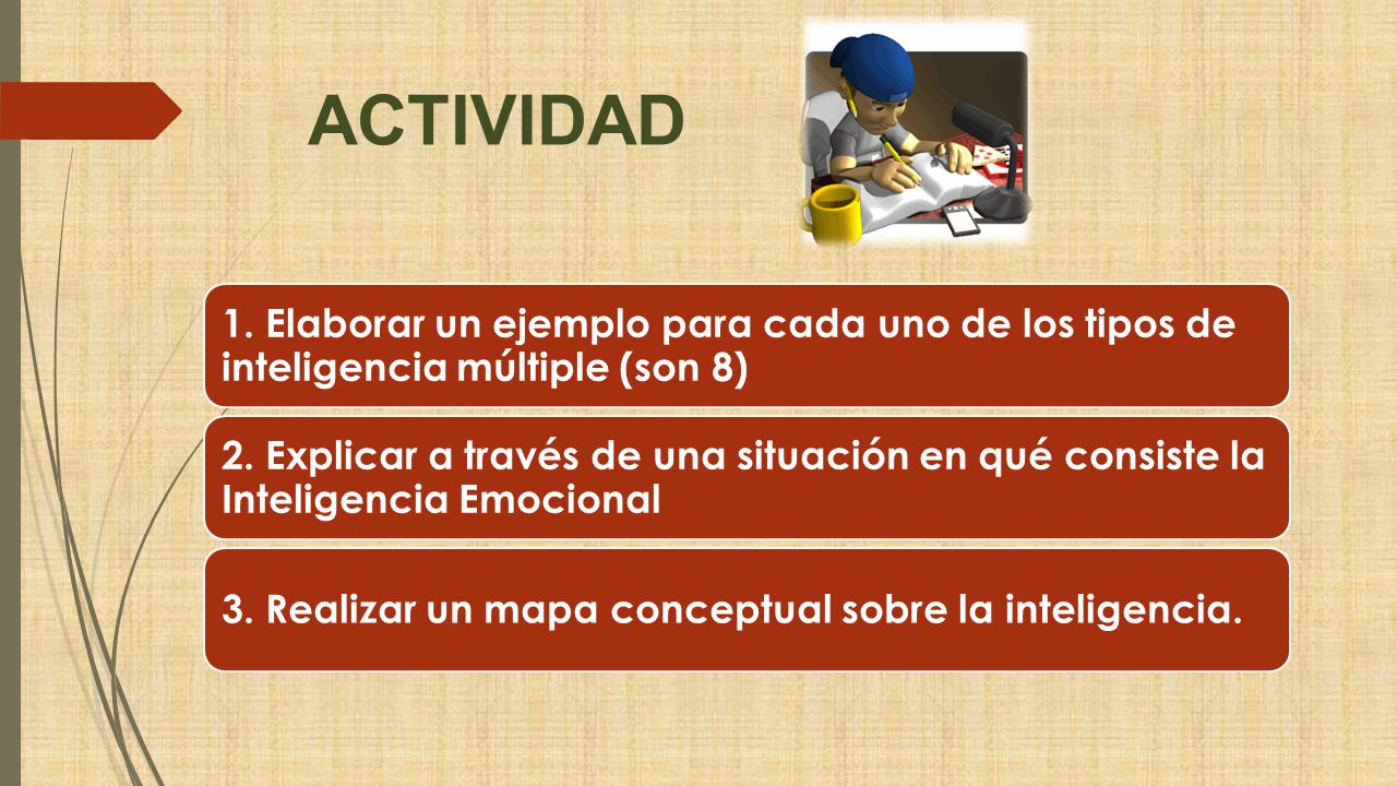 ACTIVIDAD 1. Elaborar un ejemplo para cada uno de los tipos de inteligencia múltiple (son 8)