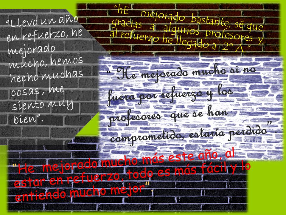 hE mejorado bastante, sé que gracias a algunos profesores y al refuerzo he llegado a 2º A.