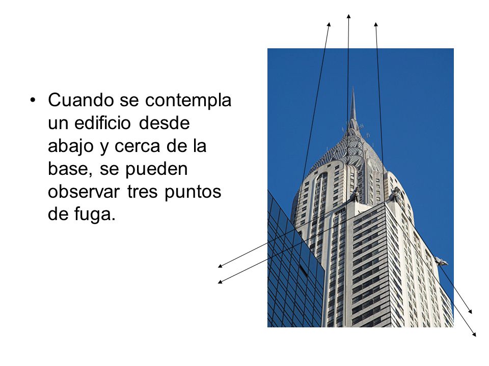 Cuando se contempla un edificio desde abajo y cerca de la base, se pueden observar tres puntos de fuga.