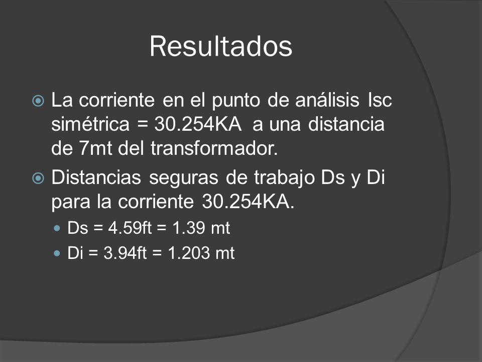 Resultados La corriente en el punto de análisis Isc simétrica = KA a una distancia de 7mt del transformador.