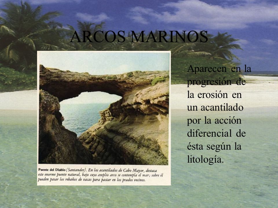 ARCOS MARINOS Aparecen en la progresión de la erosión en un acantilado por la acción diferencial de ésta según la litología.