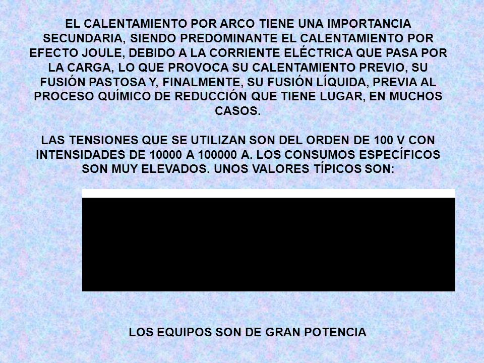 EL CALENTAMIENTO POR ARCO TIENE UNA IMPORTANCIA SECUNDARIA, SIENDO PREDOMINANTE EL CALENTAMIENTO POR EFECTO JOULE, DEBIDO A LA CORRIENTE ELÉCTRICA QUE PASA POR LA CARGA, LO QUE PROVOCA SU CALENTAMIENTO PREVIO, SU FUSIÓN PASTOSA Y, FINALMENTE, SU FUSIÓN LÍQUIDA, PREVIA AL PROCESO QUÍMICO DE REDUCCIÓN QUE TIENE LUGAR, EN MUCHOS CASOS.