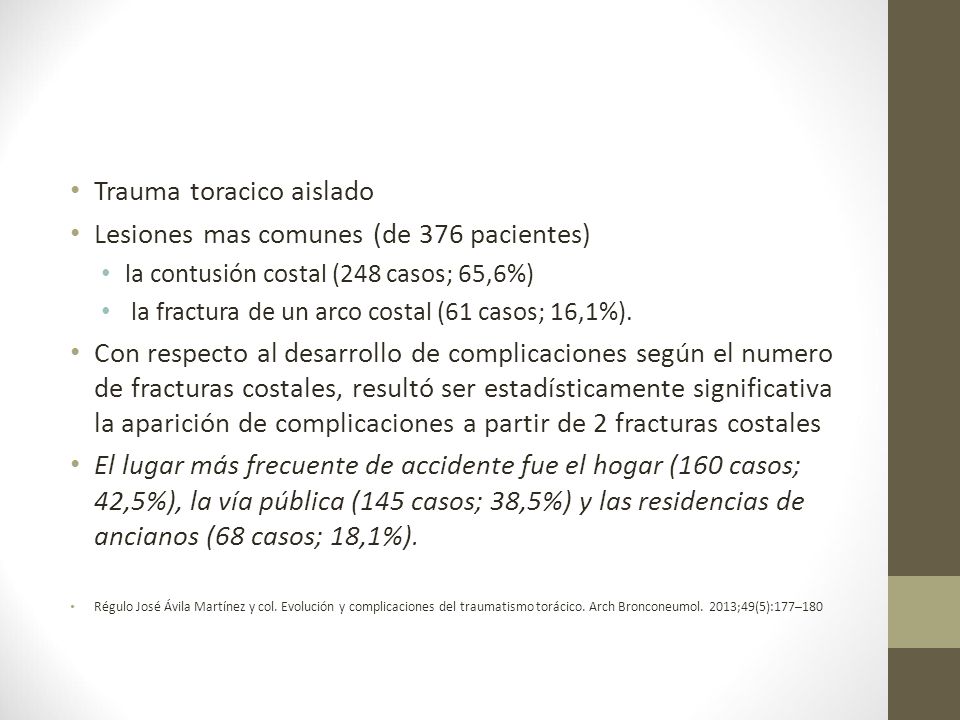 Trauma toracico aislado Lesiones mas comunes (de 376 pacientes)