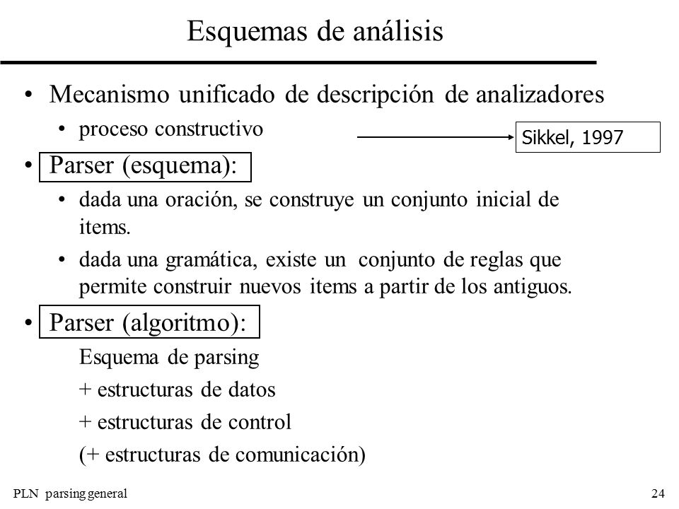 Esquemas de análisis Mecanismo unificado de descripción de analizadores. proceso constructivo. Parser (esquema):
