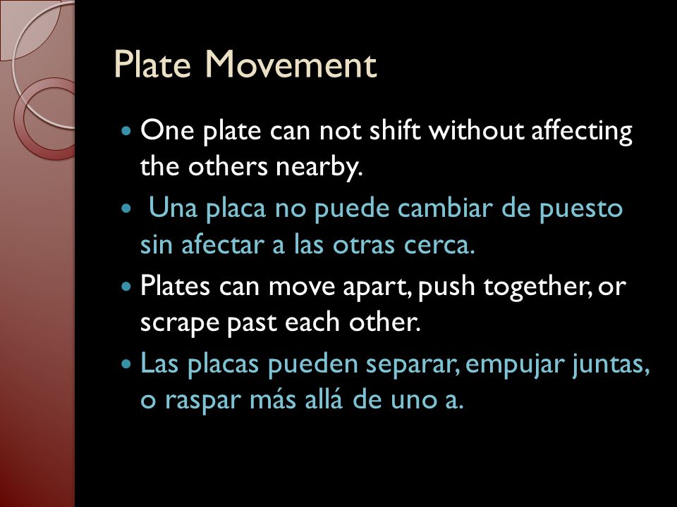 Plate Movement One plate can not shift without affecting the others nearby. Una placa no puede cambiar de puesto sin afectar a las otras cerca.