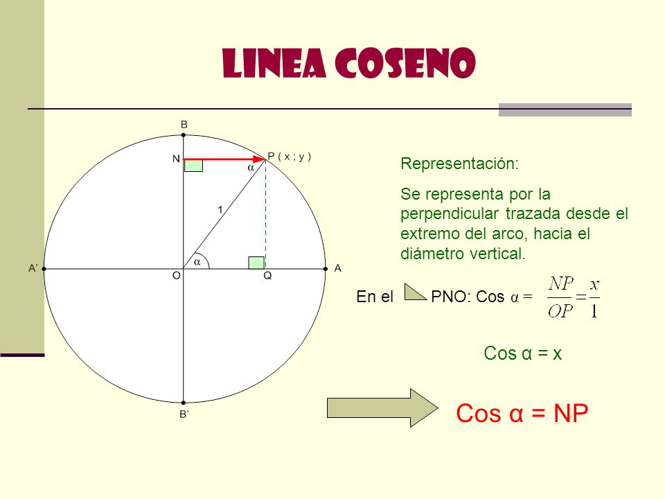 LINEA COSENO Cos α = NP Cos α = x Representación: