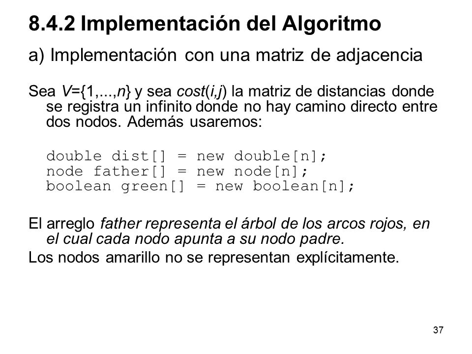 8.4.2 Implementación del Algoritmo a) Implementación con una matriz de adjacencia