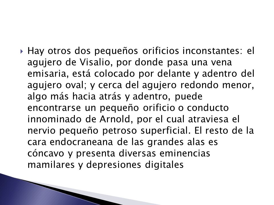 Hay otros dos pequeños orificios inconstantes: el agujero de Visalio, por donde pasa una vena emisaria, está colocado por delante y adentro del agujero oval; y cerca del agujero redondo menor, algo más hacia atrás y adentro, puede encontrarse un pequeño orificio o conducto innominado de Arnold, por el cual atraviesa el nervio pequeño petroso superficial.