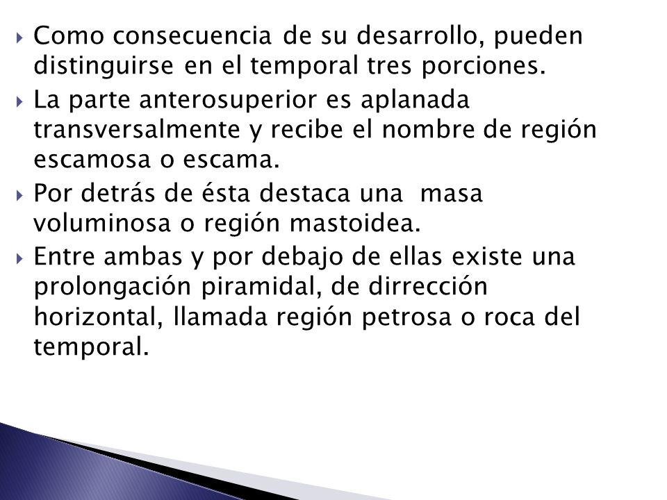 Como consecuencia de su desarrollo, pueden distinguirse en el temporal tres porciones.