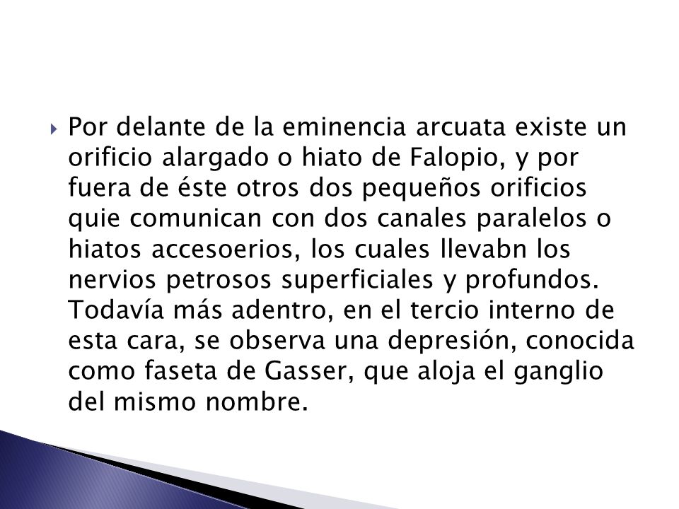 Por delante de la eminencia arcuata existe un orificio alargado o hiato de Falopio, y por fuera de éste otros dos pequeños orificios quie comunican con dos canales paralelos o hiatos accesoerios, los cuales llevabn los nervios petrosos superficiales y profundos.