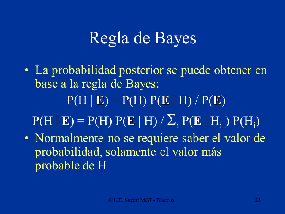 Regla de Bayes La probabilidad posterior se puede obtener en base a la regla de Bayes: P(H | E) = P(H) P(E | H) / P(E)
