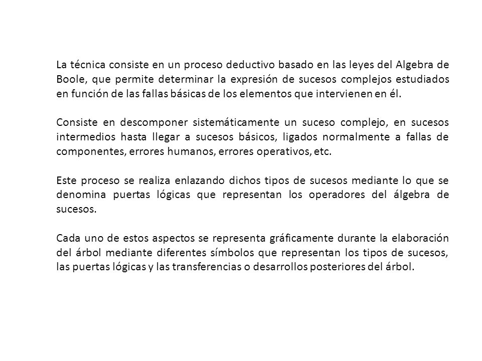La técnica consiste en un proceso deductivo basado en las leyes del Algebra de Boole, que permite determinar la expresión de sucesos complejos estudiados en función de las fallas básicas de los elementos que intervienen en él.