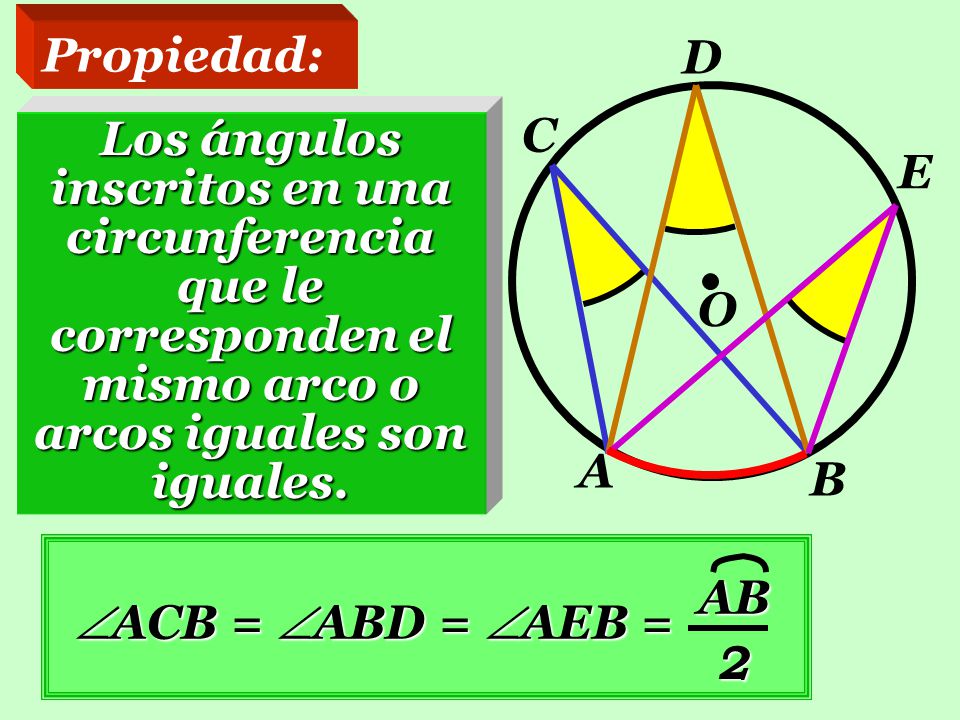 Propiedad: D. C. Los ángulos inscritos en una circunferencia que le corresponden el mismo arco o arcos iguales son iguales.
