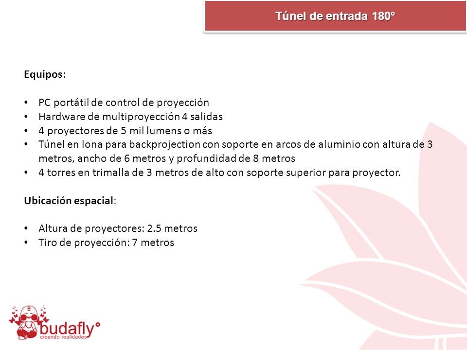 Túnel de entrada 180° Equipos: PC portátil de control de proyección. Hardware de multiproyección 4 salidas.