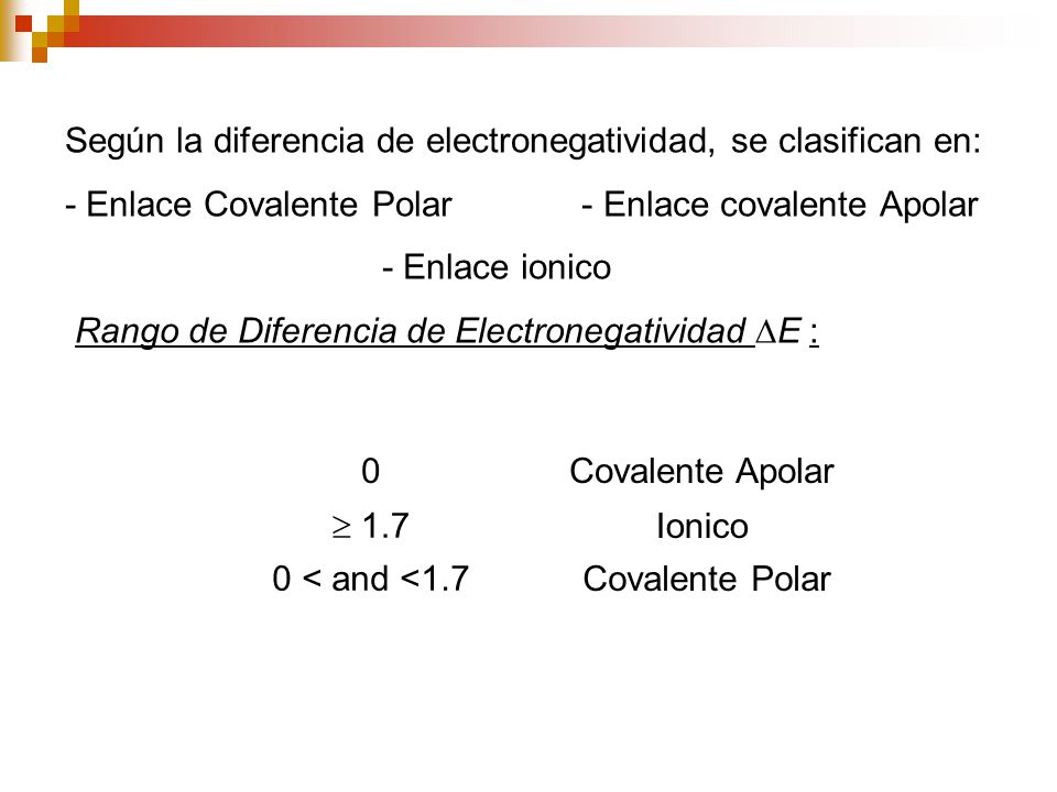 Según la diferencia de electronegatividad, se clasifican en: