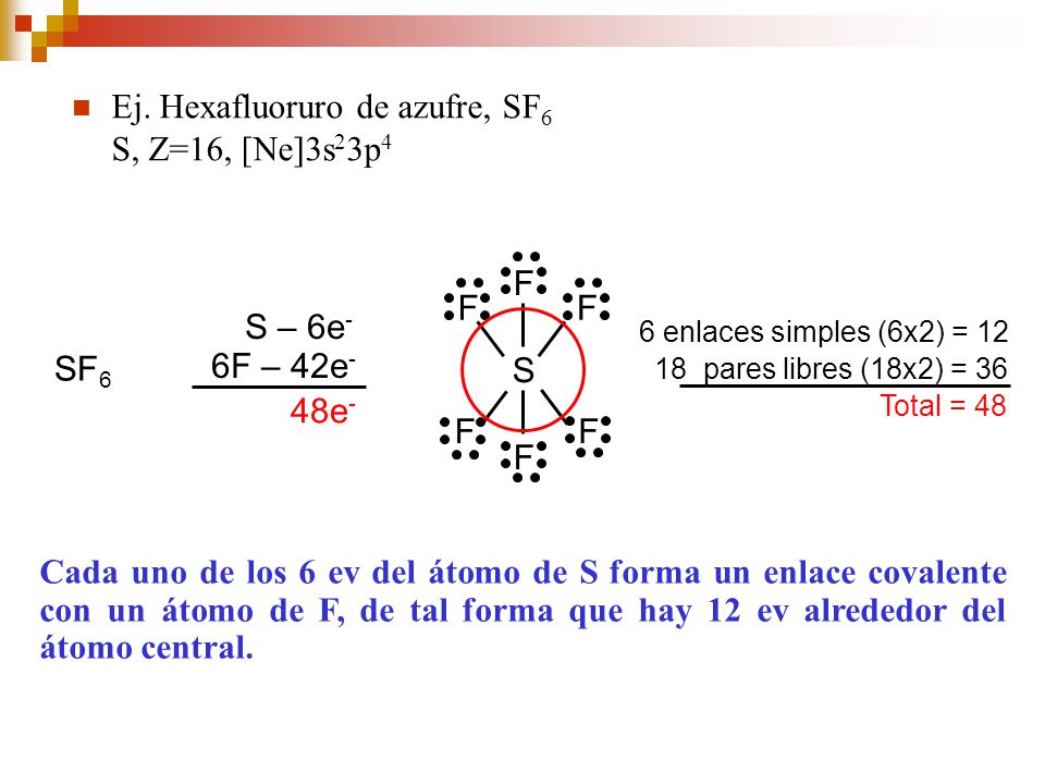Ej. Hexafluoruro de azufre, SF6 S, Z=16, [Ne]3s23p4