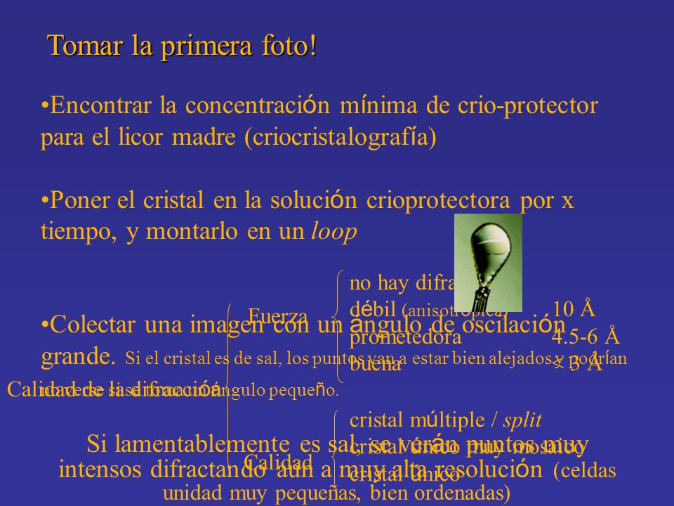 Tomar la primera foto! Encontrar la concentración mínima de crio-protector para el licor madre (criocristalografía)