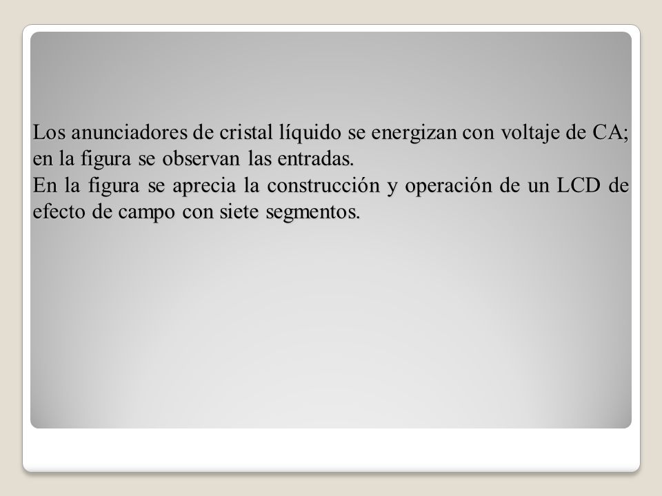 Los anunciadores de cristal líquido se energizan con voltaje de CA; en la figura se observan las entradas.
