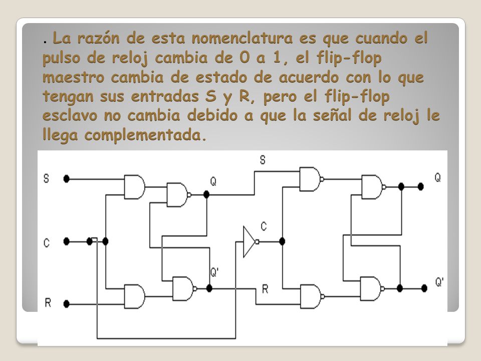 . La razón de esta nomenclatura es que cuando el pulso de reloj cambia de 0 a 1, el flip-flop maestro cambia de estado de acuerdo con lo que tengan sus entradas S y R, pero el flip-flop esclavo no cambia debido a que la señal de reloj le llega complementada.