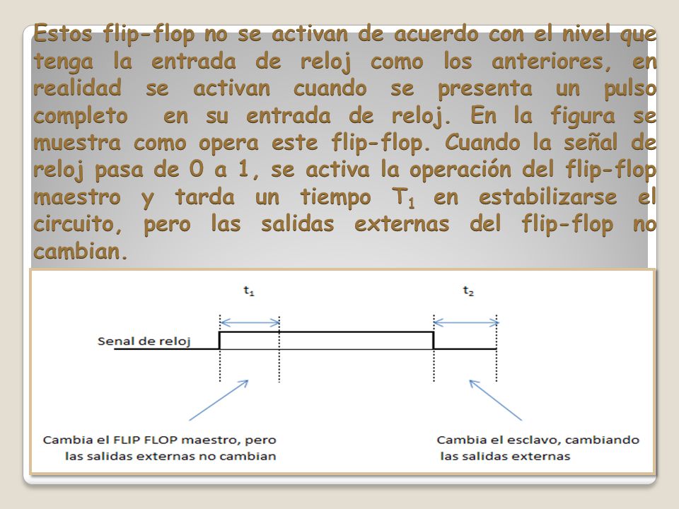 Estos flip-flop no se activan de acuerdo con el nivel que tenga la entrada de reloj como los anteriores, en realidad se activan cuando se presenta un pulso completo en su entrada de reloj.