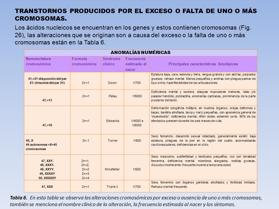 TRANSTORNOS PRODUCIDOS POR EL EXCESO O FALTA DE UNO O MÁS CROMOSOMAS.