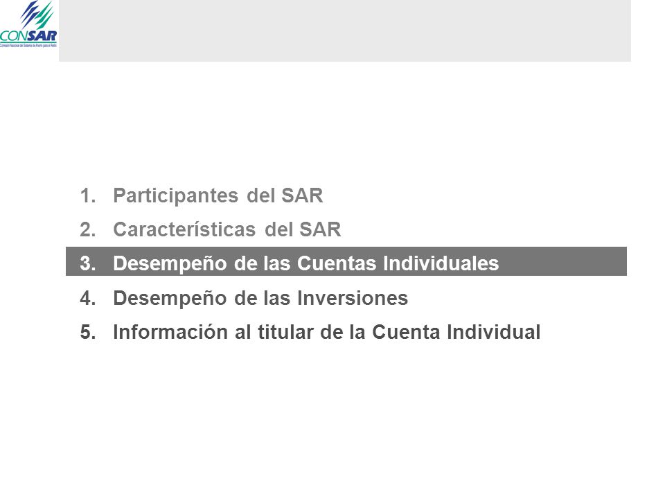 Participantes del SAR Características del SAR. Desempeño de las Cuentas Individuales. Desempeño de las Inversiones.