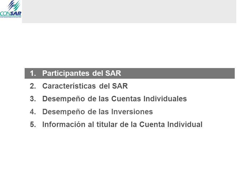 Participantes del SAR Características del SAR. Desempeño de las Cuentas Individuales. Desempeño de las Inversiones.