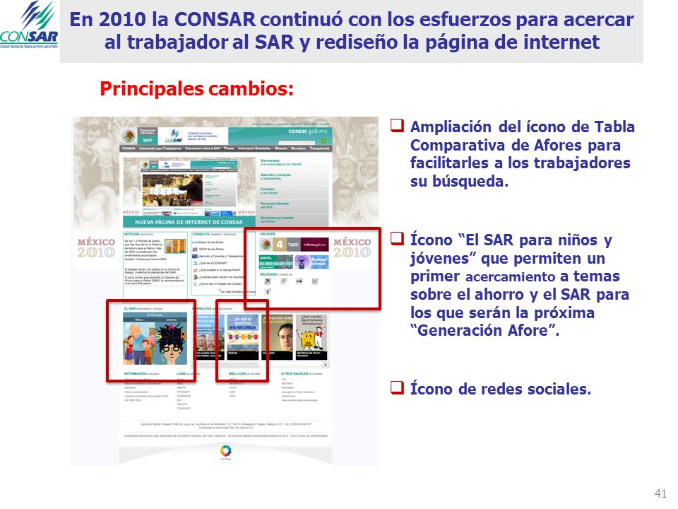 En 2010 la CONSAR continuó con los esfuerzos para acercar al trabajador al SAR y rediseño la página de internet