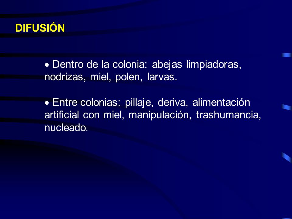 DIFUSIÓN Dentro de la colonia: abejas limpiadoras, nodrizas, miel, polen, larvas.