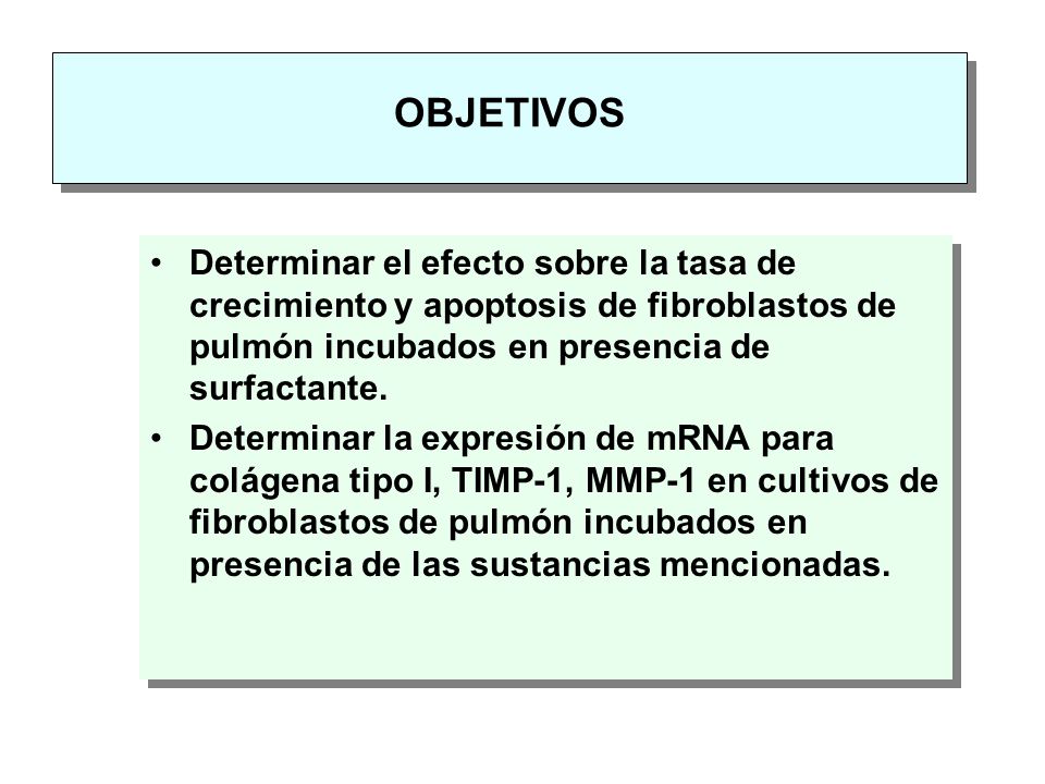 OBJETIVOS Determinar el efecto sobre la tasa de crecimiento y apoptosis de fibroblastos de pulmón incubados en presencia de surfactante.