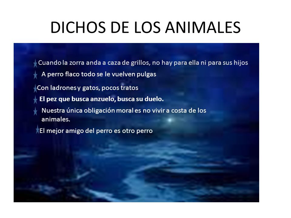 DICHOS DE LOS ANIMALES Cuando la zorra anda a caza de grillos, no hay para ella ni para sus hijos. A perro flaco todo se le vuelven pulgas.