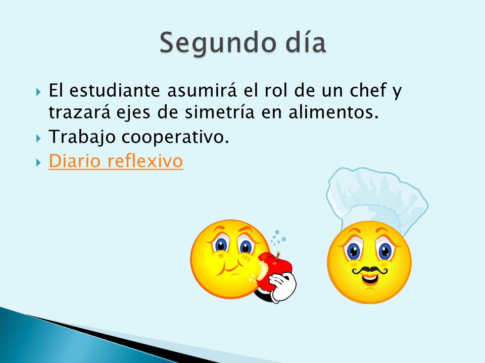 Segundo día El estudiante asumirá el rol de un chef y trazará ejes de simetría en alimentos. Trabajo cooperativo.