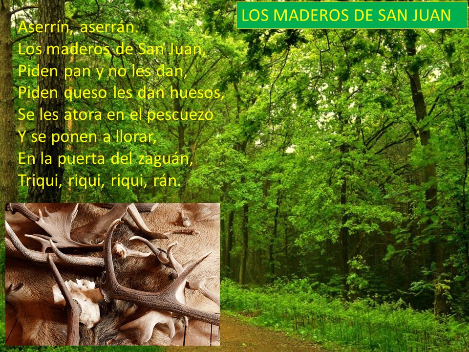 LOS MADEROS DE SAN JUAN Aserrín, aserrán. Los maderos de San Juan, Piden pan y no les dan, Piden queso les dan huesos,