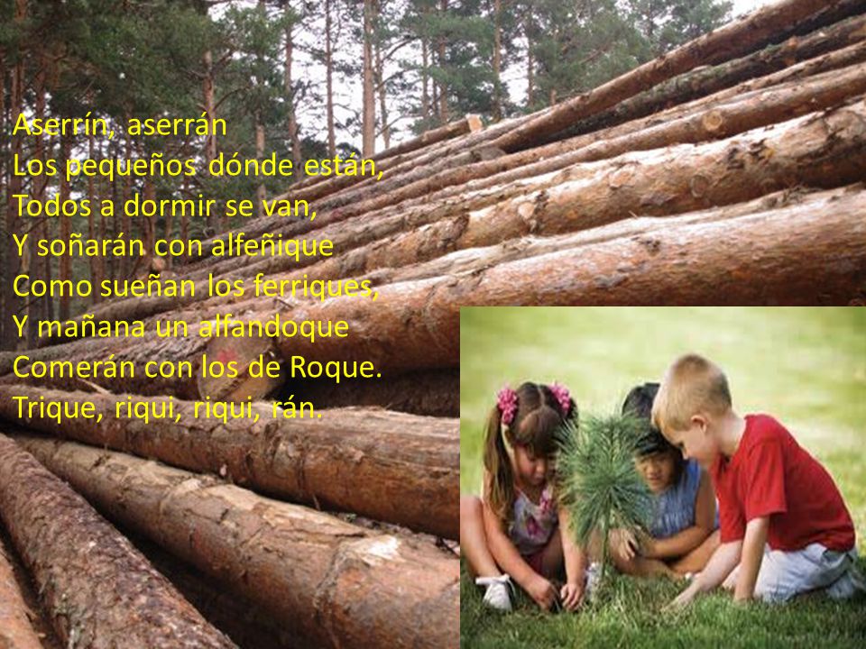 Aserrín, aserrán Los pequeños dónde están, Todos a dormir se van, Y soñarán con alfeñique. Como sueñan los ferriques,