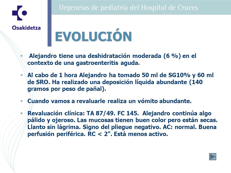 EVOLUCIÓN Alejandro tiene una deshidratación moderada (6 %) en el contexto de una gastroenteritis aguda.
