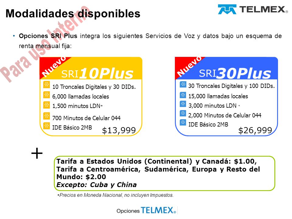 + 10Plus 30Plus Modalidades disponibles SRI SRI Nuevo Nuevo $13,999