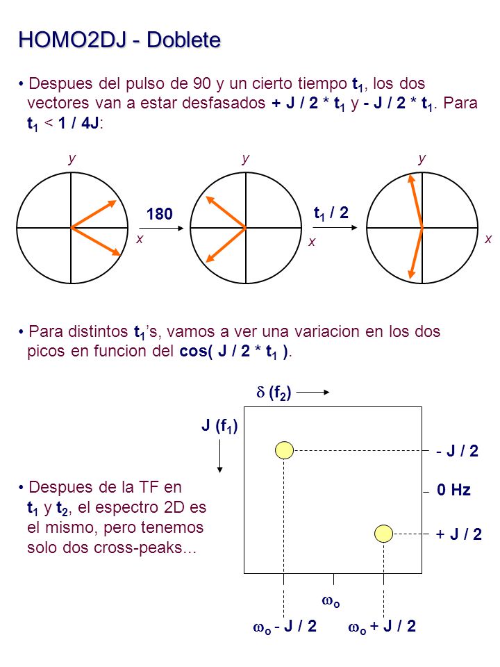HOMO2DJ - Doblete Despues del pulso de 90 y un cierto tiempo t1, los dos. vectores van a estar desfasados + J / 2 * t1 y - J / 2 * t1. Para.