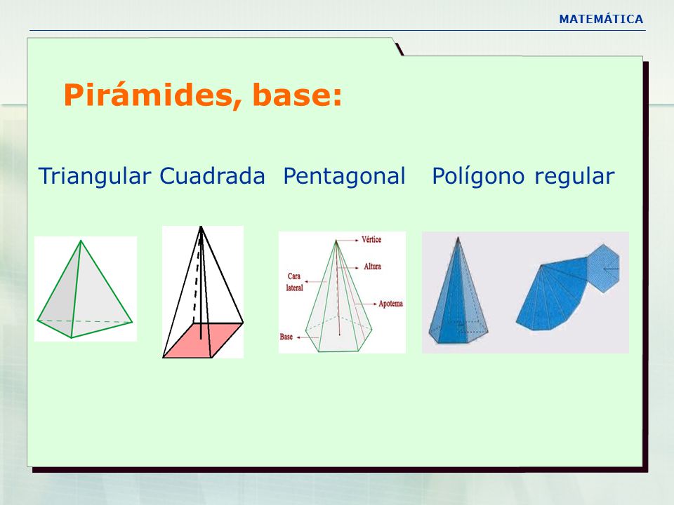 Pirámides, base: Triangular Cuadrada Pentagonal Polígono regular 7